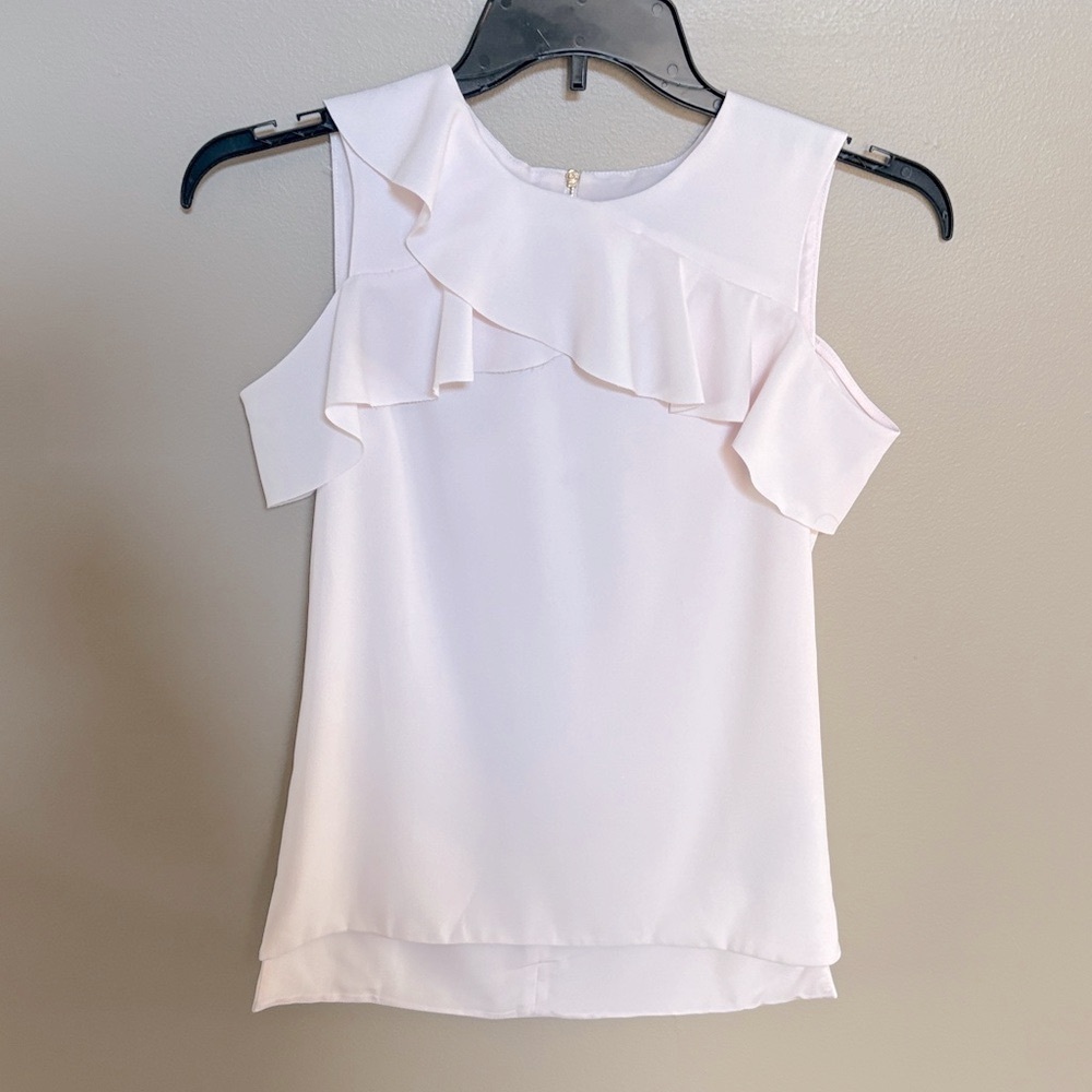 Ted Baker pale blush pink Ruffle Cold Shoulder Blouse zipper back size 0